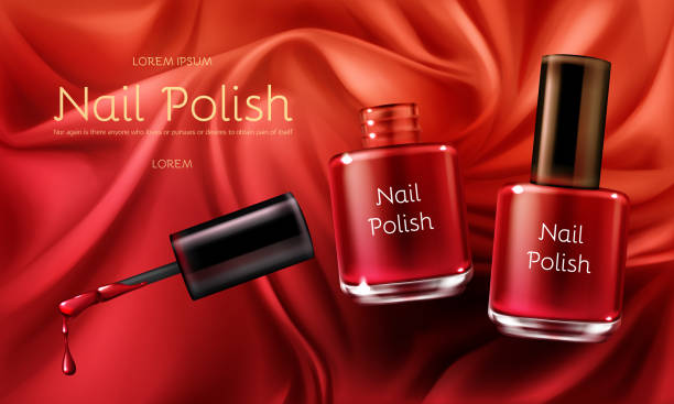 Red nail polish realistic vector promo banner Red nail polish 3d realistic vector cosmetic ads banner with glass bottle on red or scarlet satin soft silk fabric with folds illustration Womens cosmetics and make up product promotional mockup. nail polish bottle stock illustrations