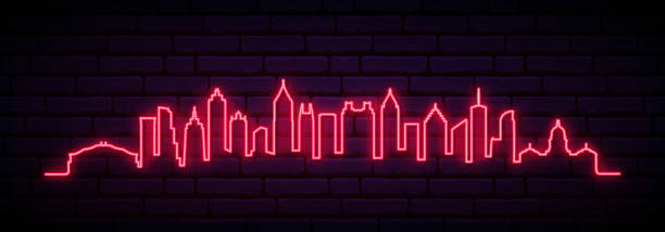 Red neon skyline of Atlanta city. Bright Atlanta long banner. Vector illustration. Red neon skyline of Atlanta city. Bright Atlanta long banner. Vector illustration. atlanta stock illustrations