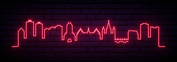 rote neon-skyline von mainz. helle mainz city lange banner. vektor-illustration. - mainz stock-grafiken, -clipart, -cartoons und -symbole