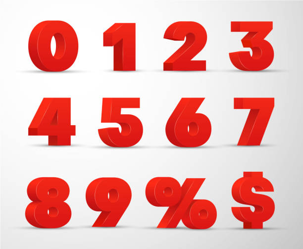 3d 빨간색 숫자, 퍼센트, 달러 기호 세트. 0에서 9까지의 볼륨 자릿수입니다. - 금융 수치 stock illustrations