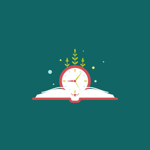 red open book with blue clock and grass. Isolated on blue background. red open book with blue clock and grass. Isolated on blue background. Flat reading icon. Vector illustration. Education, learning logo. Knowledge sign. Time to study, deadline, reminder, schedule mary mara stock illustrations