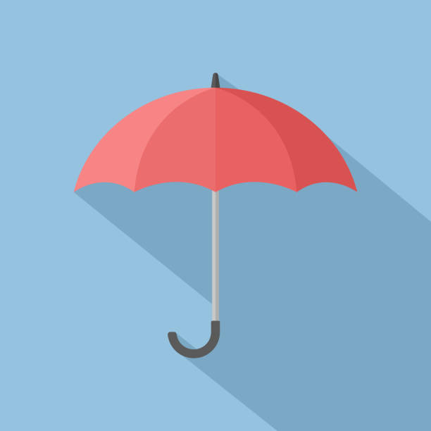 red open umbrella with long shadow on blue background. flat design red open umbrella with long shadow on blue background. flat design umbrella stock illustrations