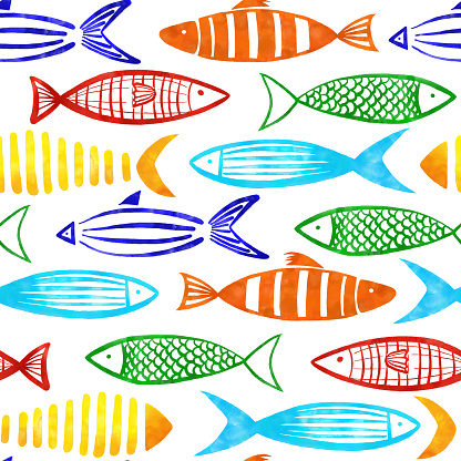 Red, Orange, Yellow, Turquoise, Blue and Green Watercolor Fishes Seamless Pattern with White Background.