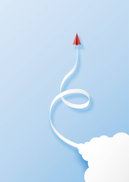 빨간 종이 비행기 푸른 하늘 배경에 구름에서 비행. - 성장 개념 stock illustrations