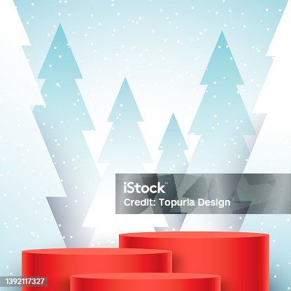 istock 3 red pedestals standing on snowy forest background. Vector Christmas scene with empty space. 1392117327