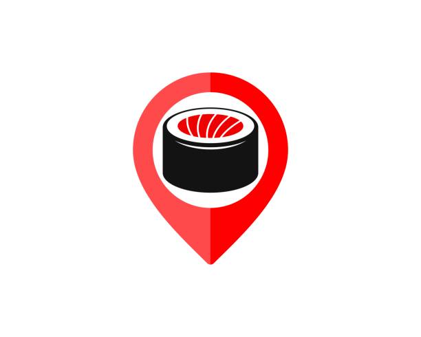 stockillustraties, clipart, cartoons en iconen met rode speldplaats met sushi binnen - kookeiland