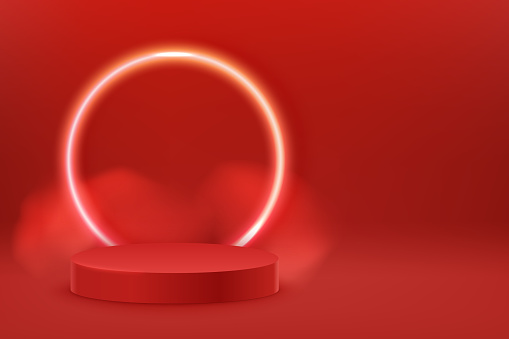 Red podium with glowing round frame. Glowing lighting and smoke loops. Mock up scene of geometry shape platform