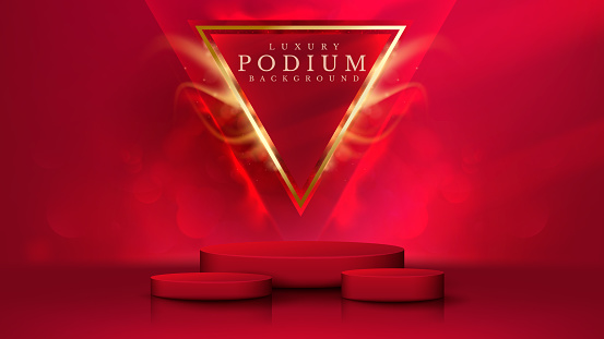 Red product display podium with golden triangle elements with bokeh decoration and glitter light effect.