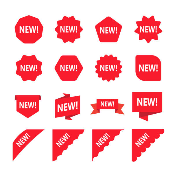 ilustraciones, imágenes clip art, dibujos animados e iconos de stock de etiquetas de promoción rojo con la palabra nuevo. conjunto de nueva etiqueta engomada. - new