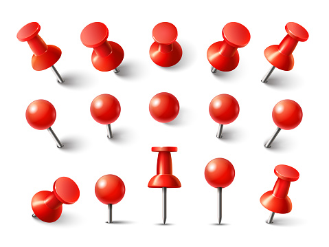 Red pushpin top view. Thumbtack for note attach collection. Realistic 3d push pins pinned in different angles isolated on white. Vector set