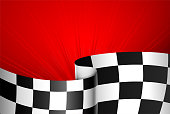 Red racing background, sport banner with checkered flag