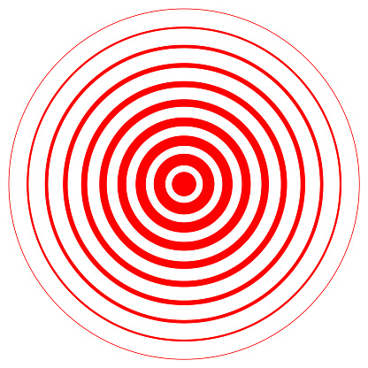 Red radiation concentric cirles on white background