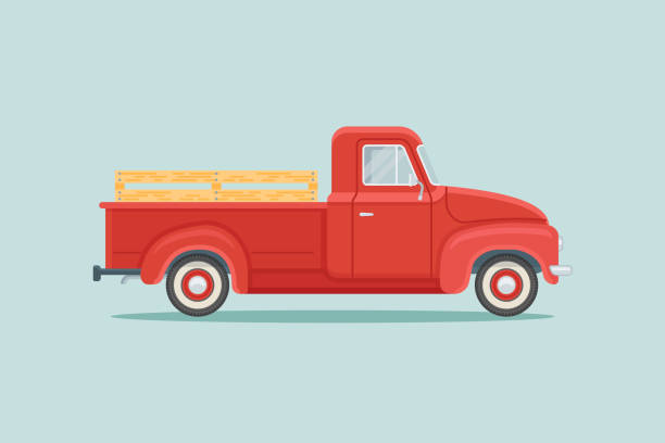 Red retro pickup truck flat style vector illustration Red retro pickup truck isolated on teal background. Flat style vector illustration. truck stock illustrations
