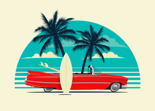 배경에 야자수 실루엣과 해변에 서핑 보드와 빨간 복고풍 로드 스터 자동차. 포스터 또는 카드 또는 티셔츠 또는 스티커 디자인을위한 여름 테마 벡터 일러스트레이션. - beach stock illustrations