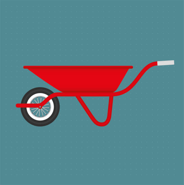 Red retro wheelbarrow Red retro wheelbarrow on petrol background gardening backgrounds stock illustrations