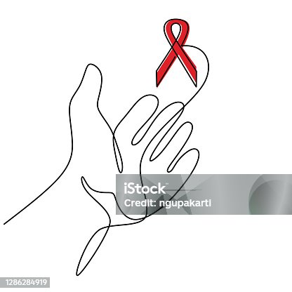istock Red ribbon Aids in hands continuous one line drawing. Support hope for cure vector illustration with red loops and lettering. HIV Aids recovery concept. Minimalist style. Vector illustration 1286284919
