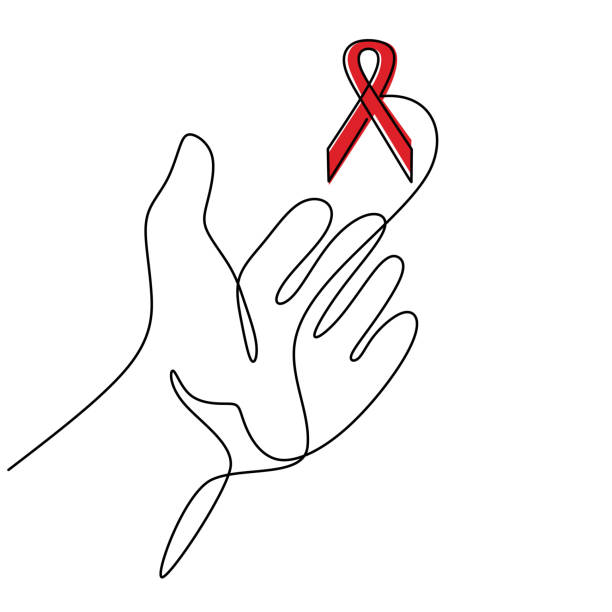 Red ribbon Aids in hands continuous one line drawing. Support hope for cure vector illustration with red loops and lettering. HIV Aids recovery concept. Minimalist style. Vector illustration Red ribbon Aids in hands continuous one line drawing. Support hope for cure vector illustration with red loops and lettering. HIV Aids recovery concept. Minimalist style. Vector illustration aids stock illustrations