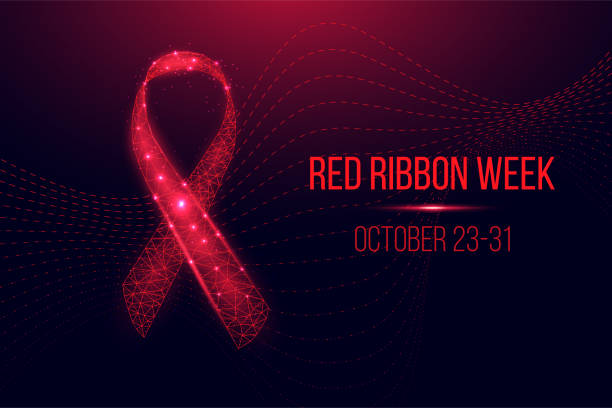 Red ribbon week concept. Banner with red ribbon awareness and text. Vector illustration.  world aids day stock illustrations