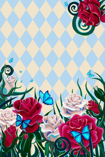 red roses and white roses, green leaves and blue morpho butterflies on chess checkered background red roses and white roses, green leaves and blue morpho butterflies on chess checkered background chess borders stock illustrations