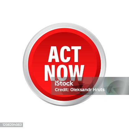 istock Red round act now button on white background. Vector stock illustration. 1208204083