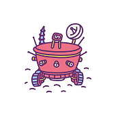 Red rover explorer doodle icon. Planet rover robot colored drawing, front view. Mars wheeled vehicle with antenna and camera.