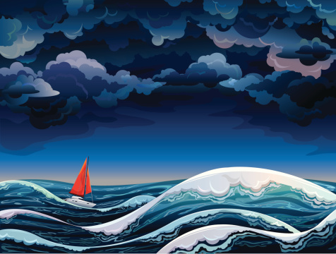 Red sailboat and stormy sky