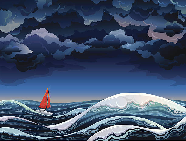 Red sailboat and stormy sky Night seascape with red sailboat and stormy sky storm cloud stock illustrations