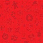 Seamless red holiday christmas and hanukkah symbols background. Tiles seamlessly from top to bottom and left to right. EPS 10 file. Transparency effects used on highlight elements.