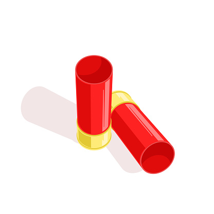 Red shotgun bullet shell falling with smoke vector ammo isolated illustration.