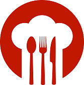 red sign with chef hat and spoon, fork, knife