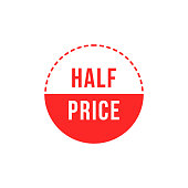 red simple half price badge. concept of buy profitable like super gift for client. flat cartoon trend modern special offer graphic minimal design web element isolated on white background
