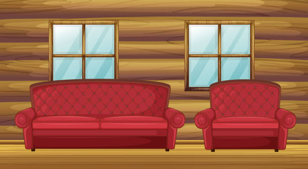 stockillustraties, clipart, cartoons en iconen met red sofa and chair in wooden room - interior