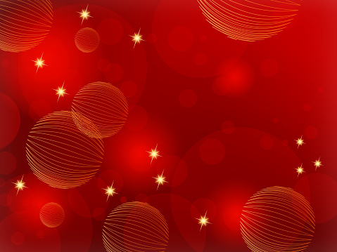 Red sparkle background with bokeh lights and gold glowing stars - abstract Christmas theme