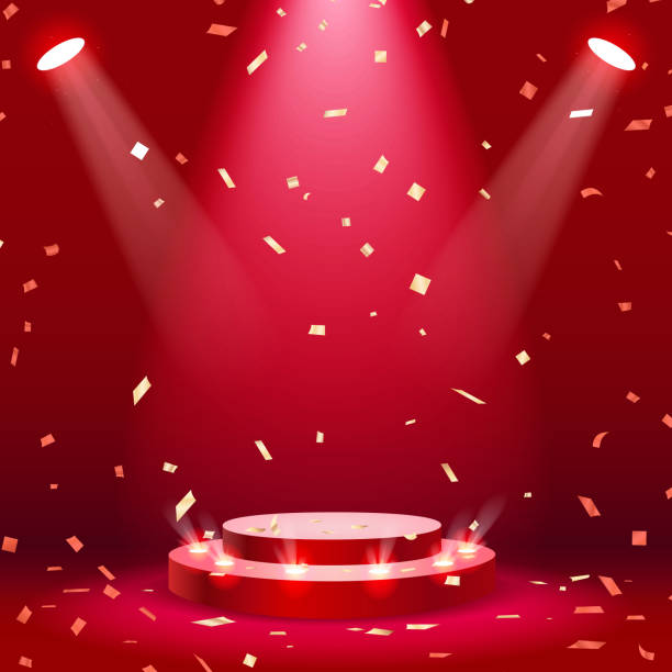 illustrazioni stock, clip art, cartoni animati e icone di tendenza di podio sul palco rosso con riflettori e sfondo coriandoli - red spotlight