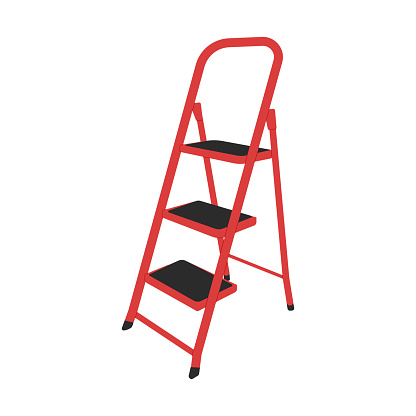 Red staircase is a stepladder for repairing house or apartment, housekeeping, gardening,archive,storage room or warehouse with racks or shelves