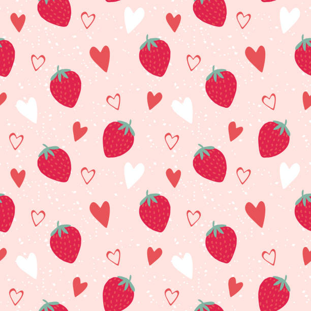 Red strawberry and heart seamless pattern Red strawberry and heart seamless pattern. Fresh berry and pink heart strawberry cartoon stock illustrations