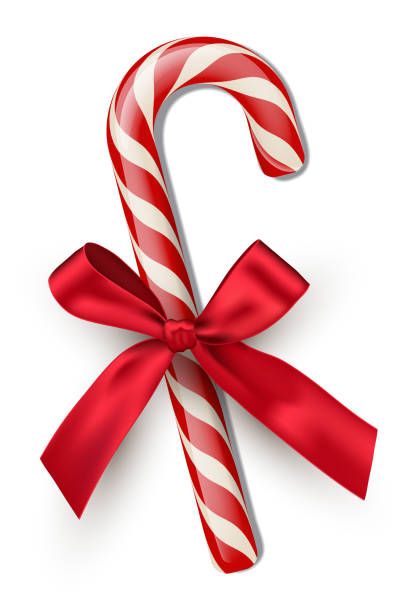 Red striped candy cane with red bow isolated on white background. Vector Christmas and New Year design element. Red striped candy cane with red bow isolated on white background. Vector Christmas and New Year design element candy canes stock illustrations