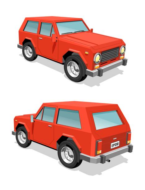 stockillustraties, clipart, cartoons en iconen met red suv auto front-en achterzicht - front view old jeep