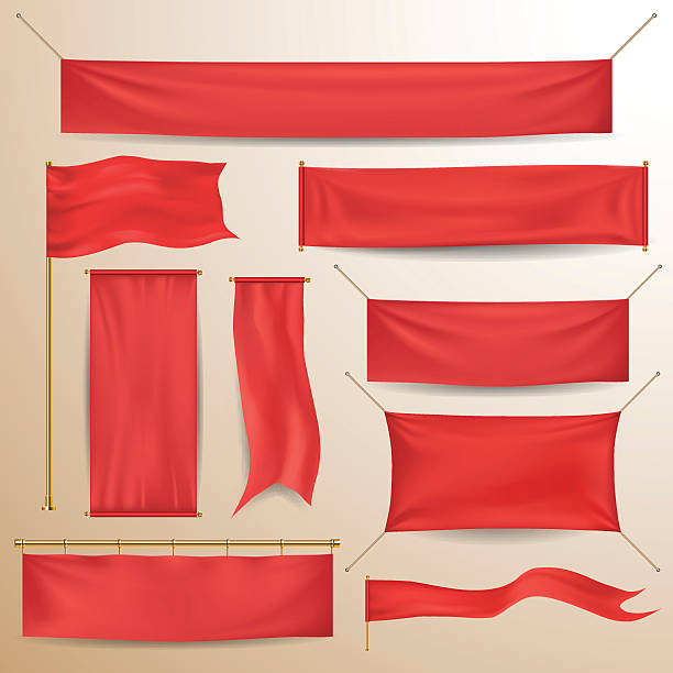 Red textile banners and flags Red textile banners and flags in vector billboard posting stock illustrations