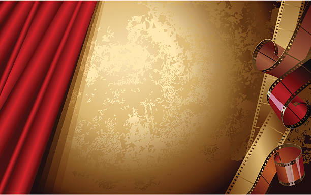 Red theater curtain on a bronze background with film strips Illustration on a theme the cinema and films. No gradient mesh and other effects. performance borders stock illustrations