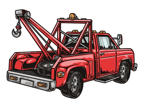 Red tow truck with winches and hoist mechanisms, car tire in enclosed cabin on white background, vector illustration