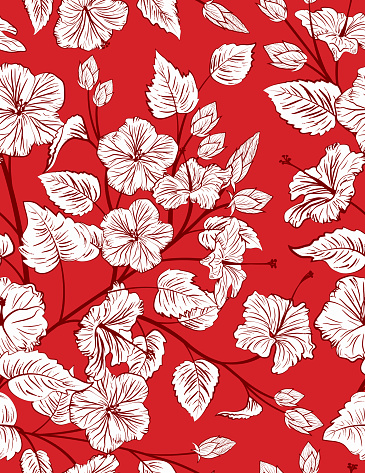 Red Tropical Hibiscus Seamless Pattern Background