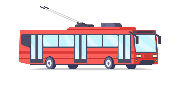 Red vintage trolleybus electric city transportation with wheels isometric vector illustration. Commercial retro ecological vehicle for passengers carrying. Eco friendly public urban moving service