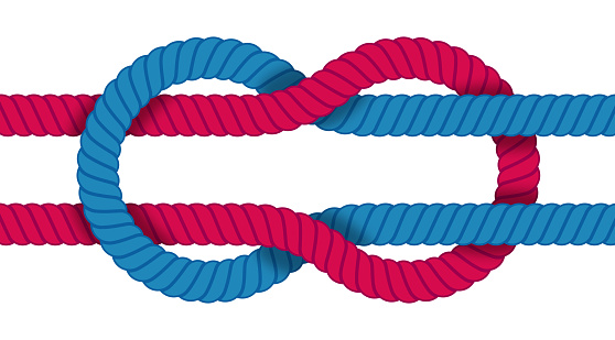 Red Vs. Blue Tied Ropes Pulling Against Each Other