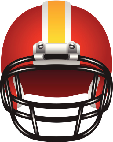 Red, white and yellow football helmet with black face guard