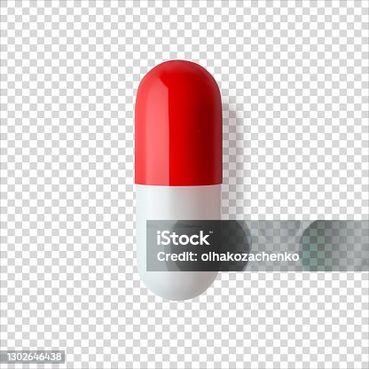 istock Red white capsule pill realistic vector illustration. Сloseup isolated medicament. Healthcare and medicine. Painkiller or antibiotic mockup 1302646438
