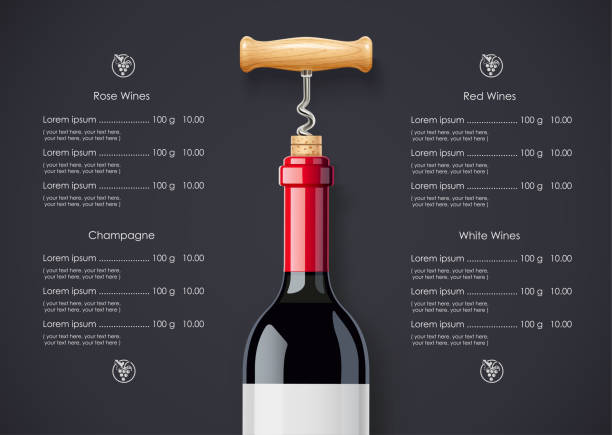 Red Wine bottle, cork and corkscrew concept design for Wines list Red Wine bottle, cork and corkscrew concept design for wines list in dark background. Drink menu. Bottled alcohol beverage. EPS10 vector illustration. cork stopper stock illustrations