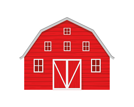 Red wooden barn isolated on white background. Farm warehouse with big door and windows. Front view. Vector cartoon illustration