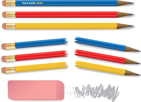 Red, yellow, and blue pencils snapped in half