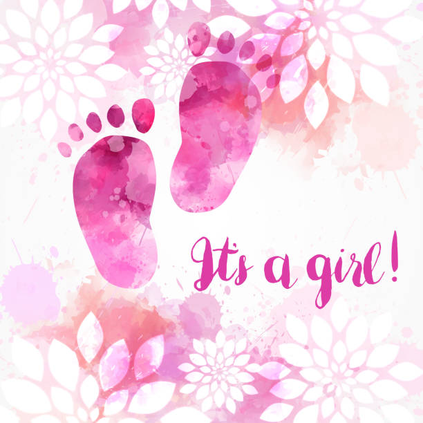 red_orange_wedding_inv [Converted] It's a girl! Baby gender reveal concept illustration. Watercolor footprints. Abstract floral background. Pink colored. it's a girl stock illustrations